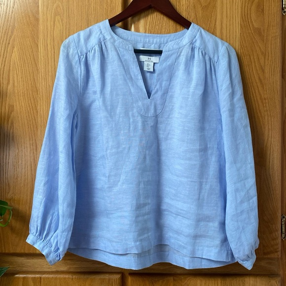 H by Halston Women’s Light Blue Linen V-Neck Blouse  Shirt Lagenlook Coastal S - Picture 1 of 5